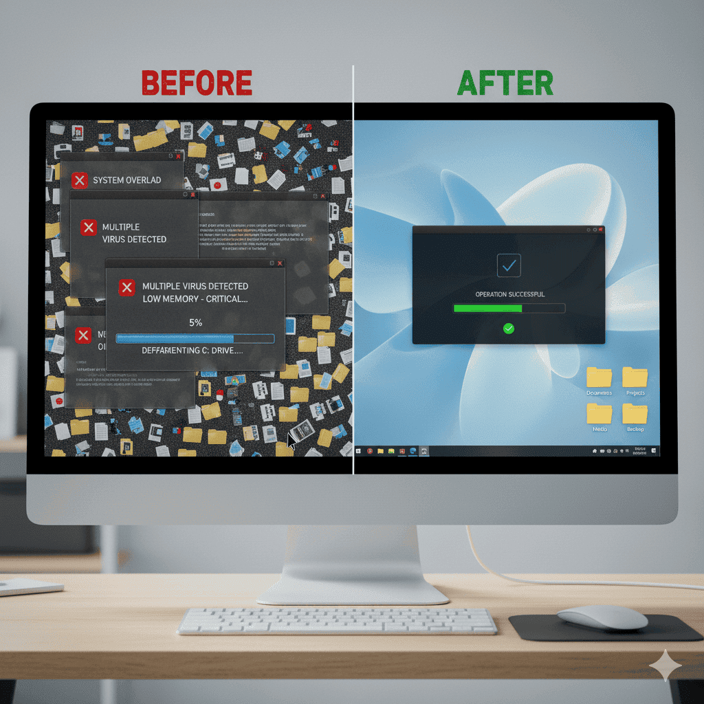 A before and after shot of a computer's performance.