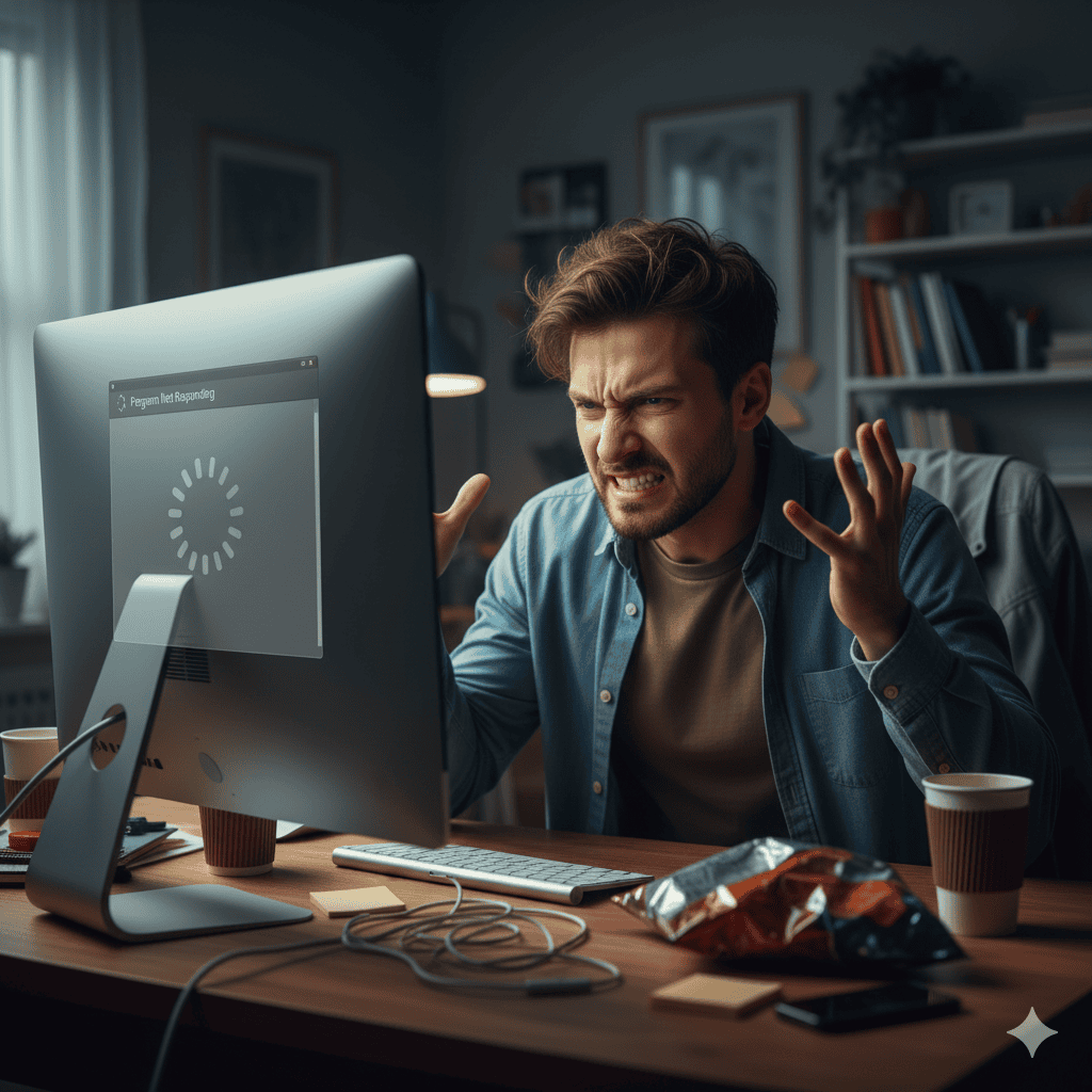 A person looking frustrated at a slow computer.