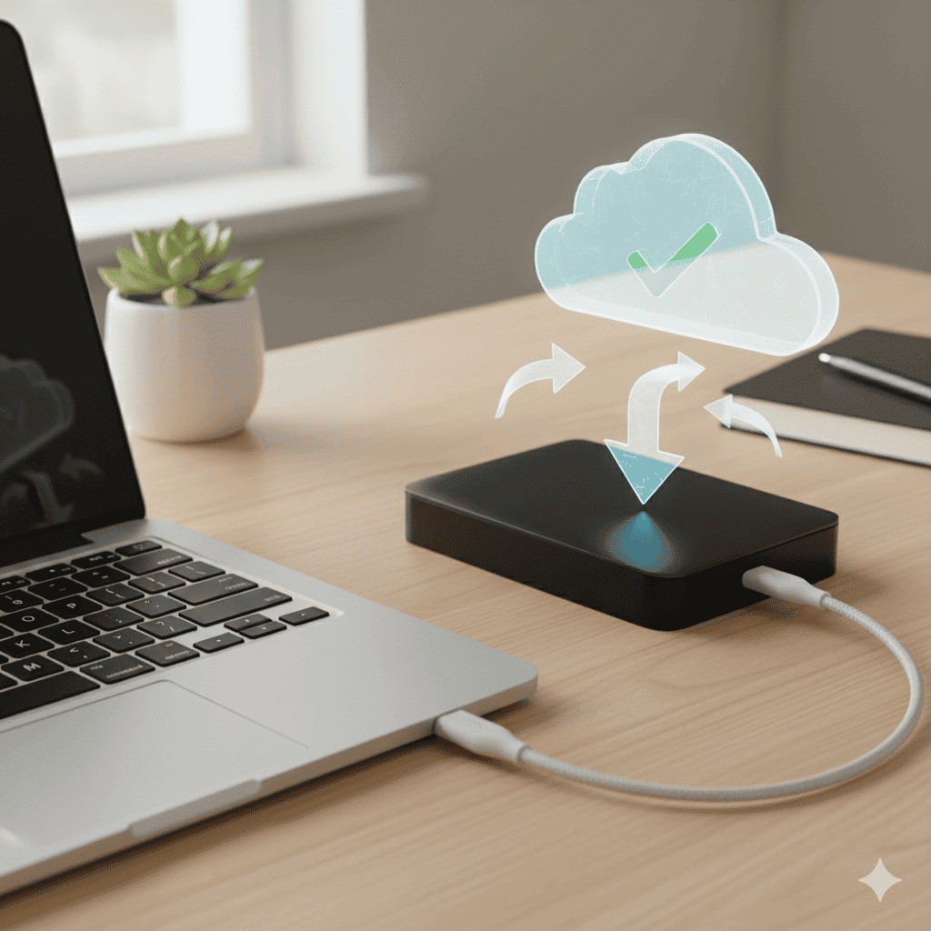 An external hard drive connected for data backup.